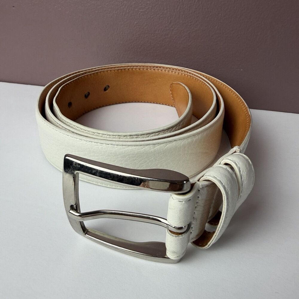 Paul Fredrick White Leather Belt Silver Buckle Made In Italy Men’s 44 BPJ109D